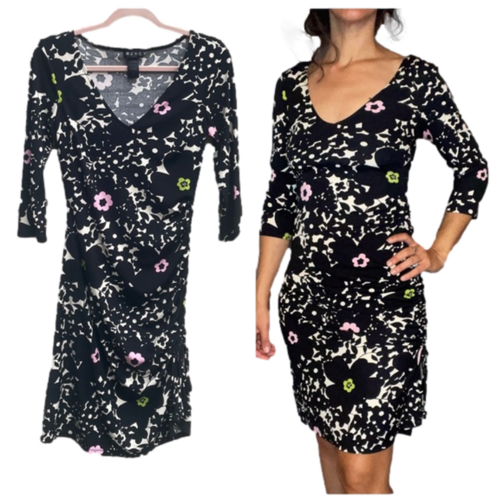 BCBG Paris Black Floral Print V Neck Ruched Midi Dress Women's Size Small - Picture 2 of 8